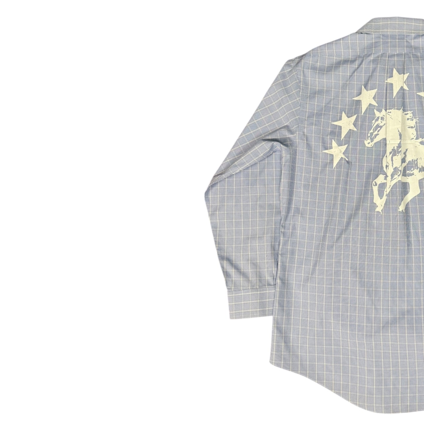 CAMISA MANGA LARGA SUKI AZUL CLARO CUADROS LETRAS BLANCAS TALLA L SK217