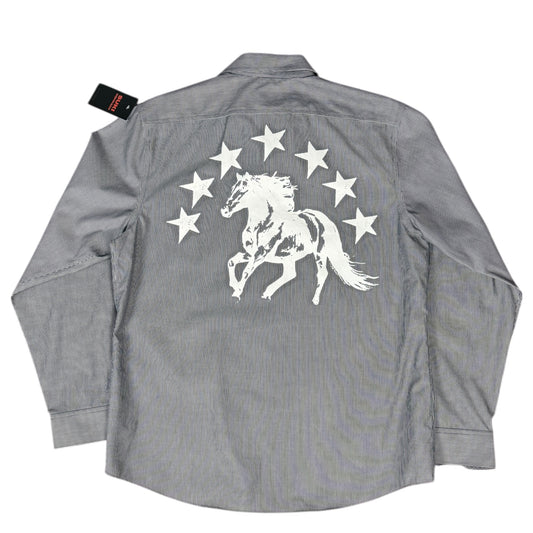 CAMISA MANGA LARGA SUKI GRIS RAYAS LETRAS BLANCAS TALLA L SK210