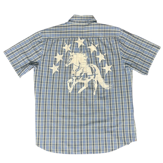 CAMISA MANGA CORTA SUKI AZUL CUADROS LETRAS BLANCAS TALLA M SK205