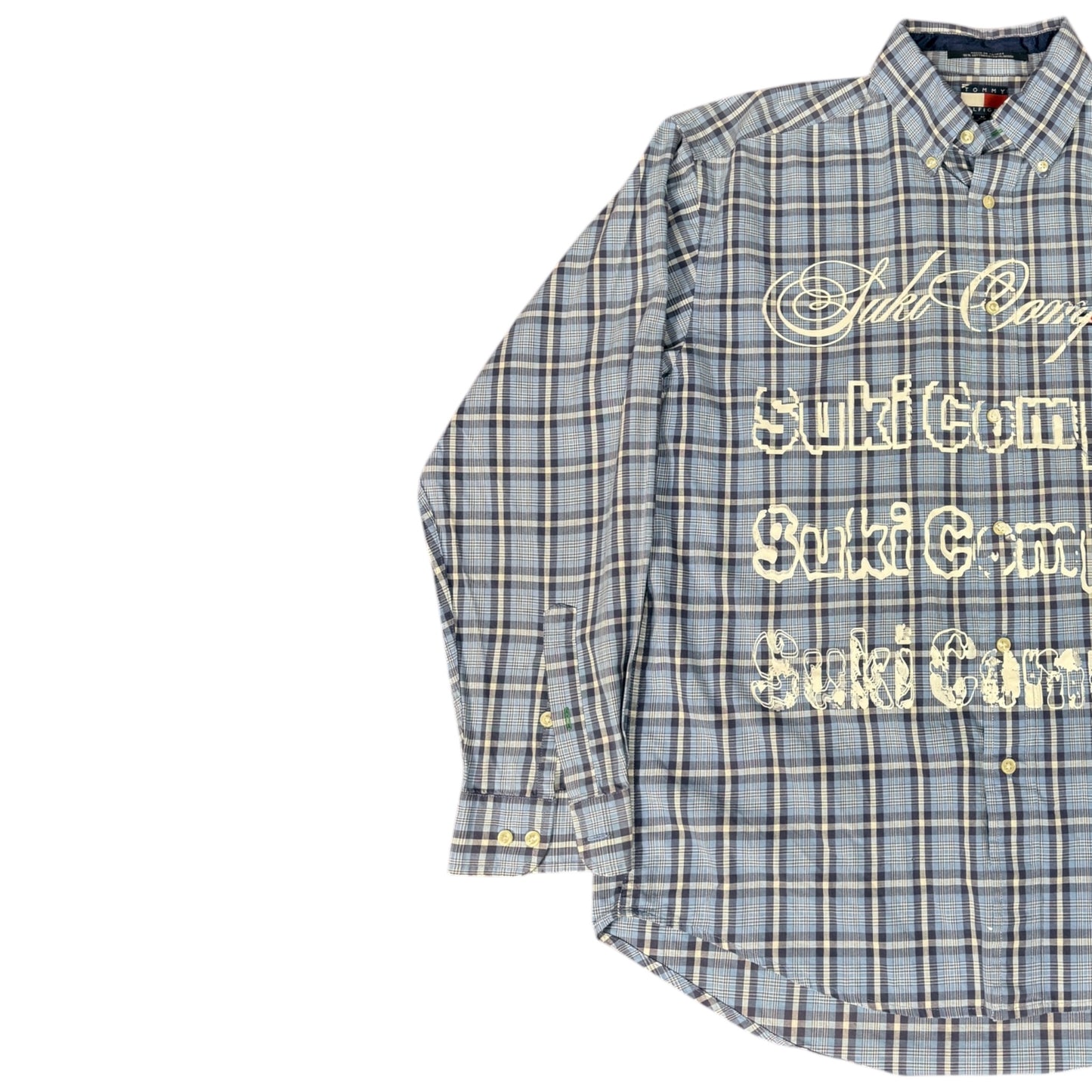 CAMISA MANGA LARGA SUKI AZUL CUADROS LETRAS BLANCAS TALLA L SK222