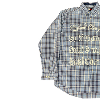 CAMISA MANGA LARGA SUKI AZUL CUADROS LETRAS BLANCAS TALLA L SK222