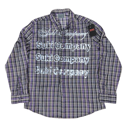 CAMISA MANGA LARGA SUKI MORADA CUADROS LETRAS BLANCAS TALLA L SK211