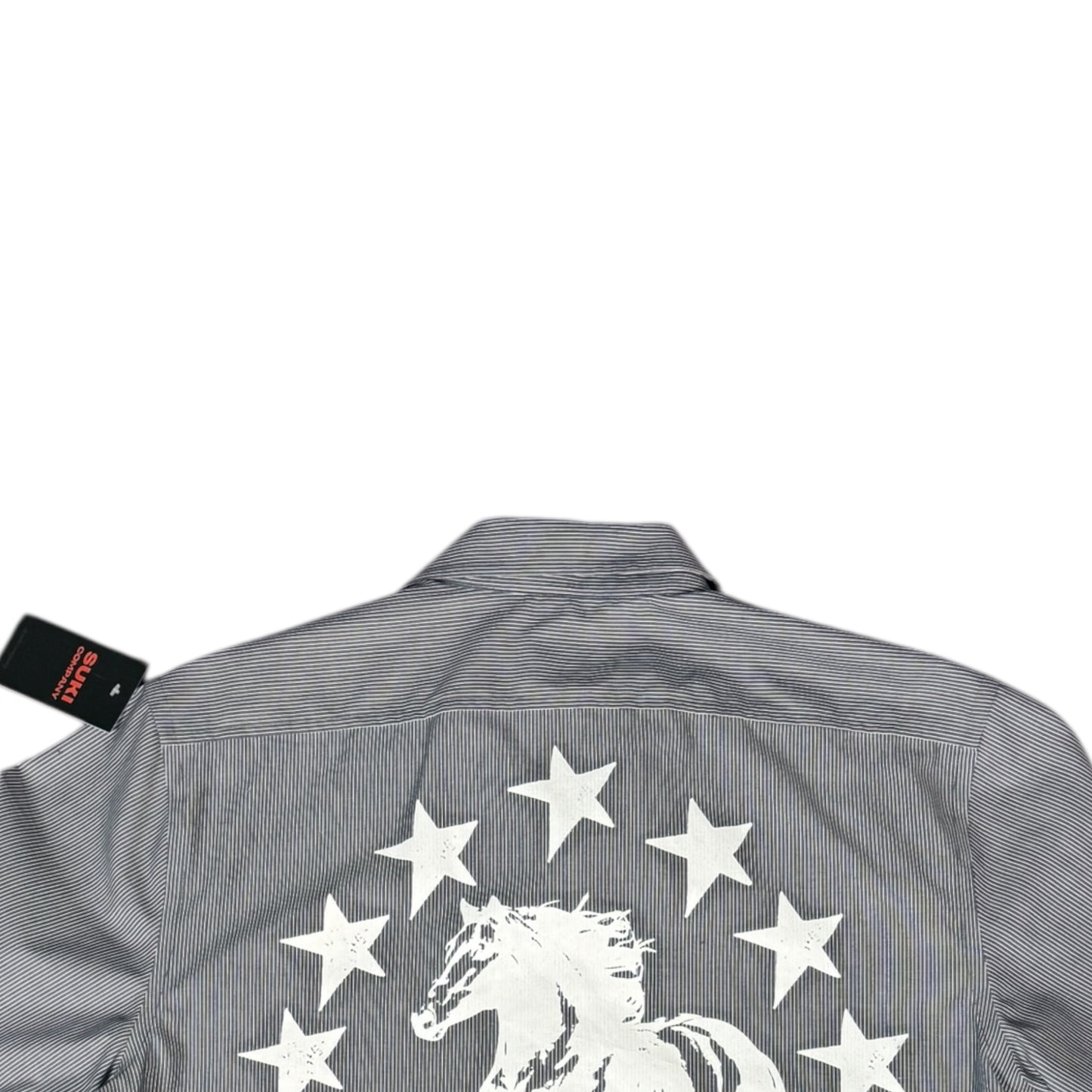 CAMISA MANGA LARGA SUKI GRIS RAYAS LETRAS BLANCAS TALLA L SK210