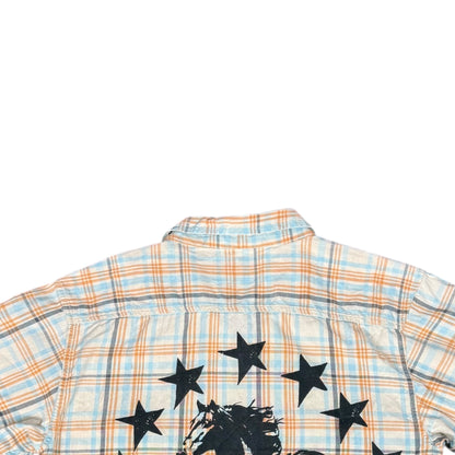 CAMISA MANGA CORTA SUKI CUADROS NARANJA AZUL LETRAS NEGRAS TALLA M SK220