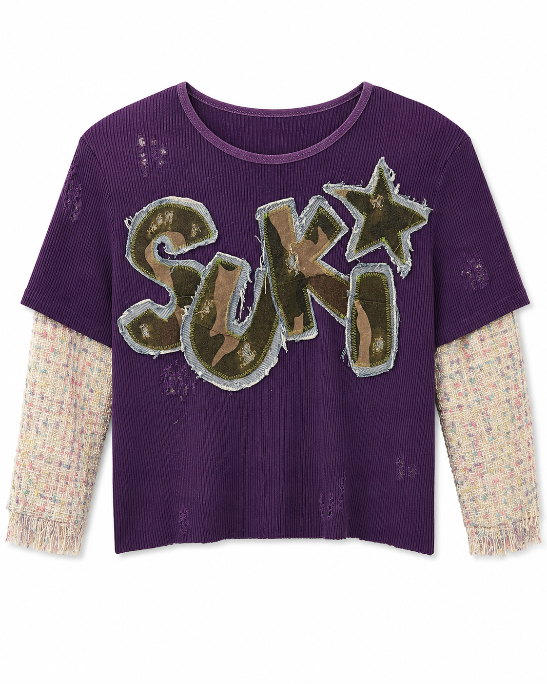 TEE SHIRT MORADA CROP SUKI DESIGN PARCH AND LETTERS